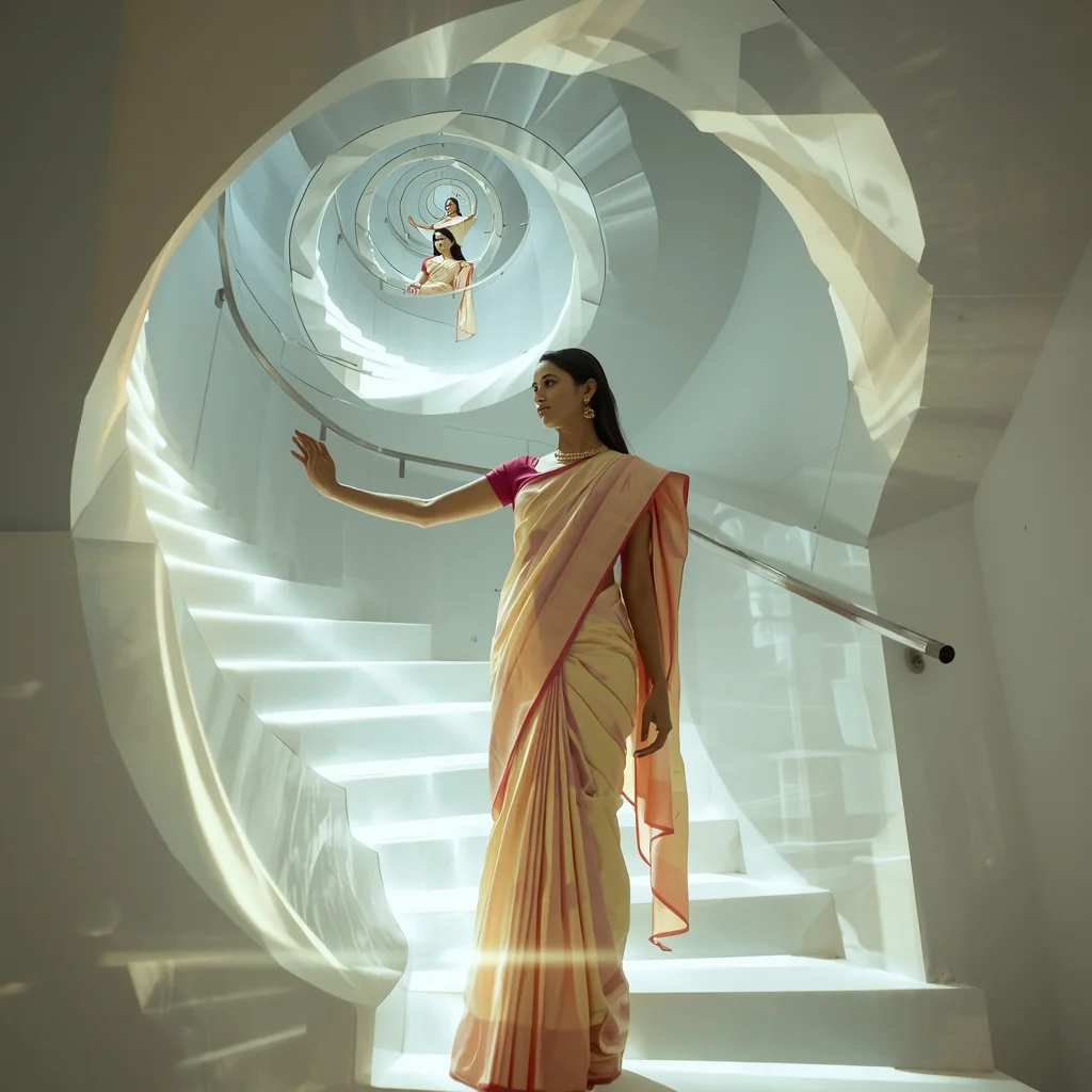 Spiral Staircase Light Saree Prompt with Rotating Depth Layers and Cinematic Perspective Flow | Saree Girl Ai Prompt