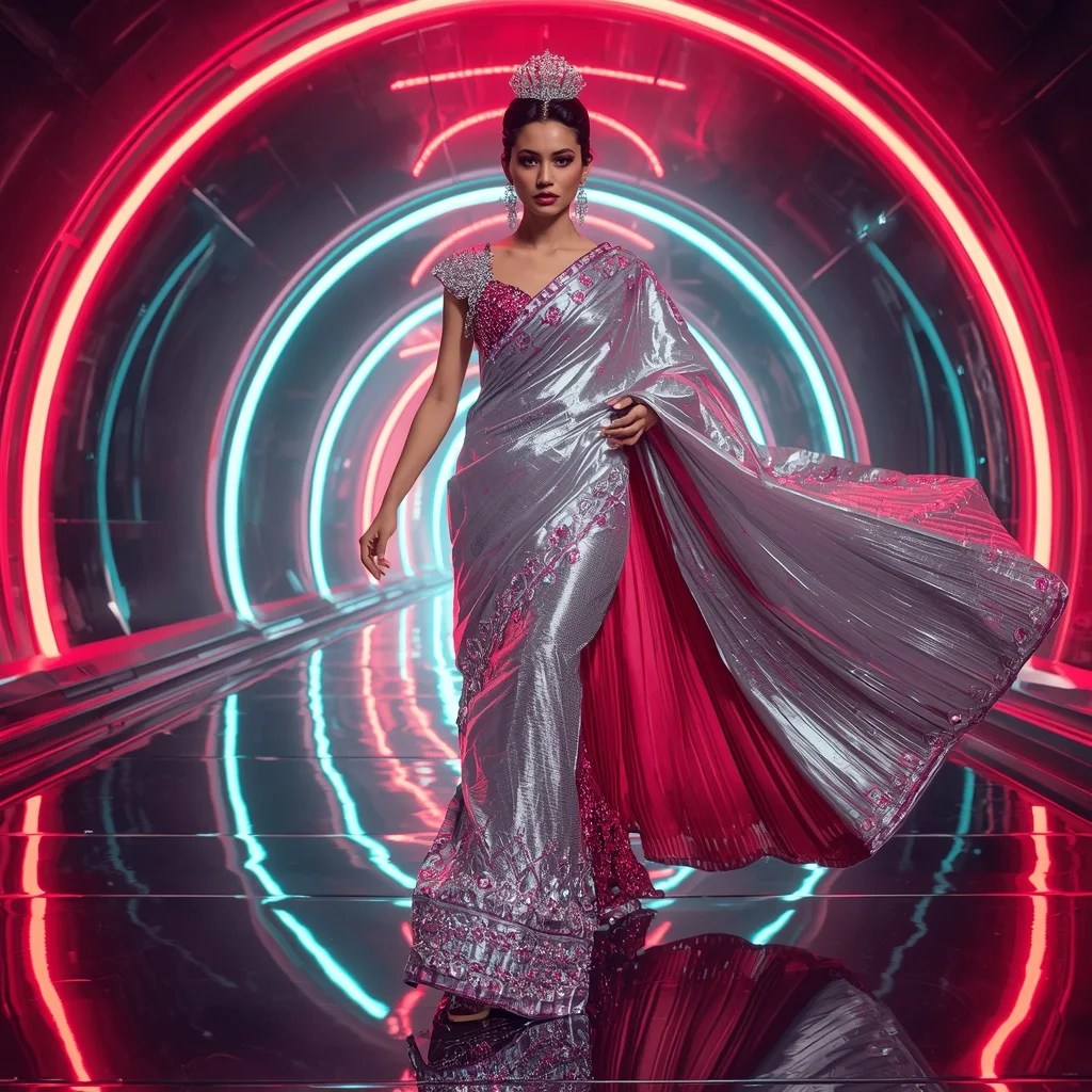 Stellar Mirage Empress Saree with Floating Neon Infinity Palace | Modern Design Ai Prompt