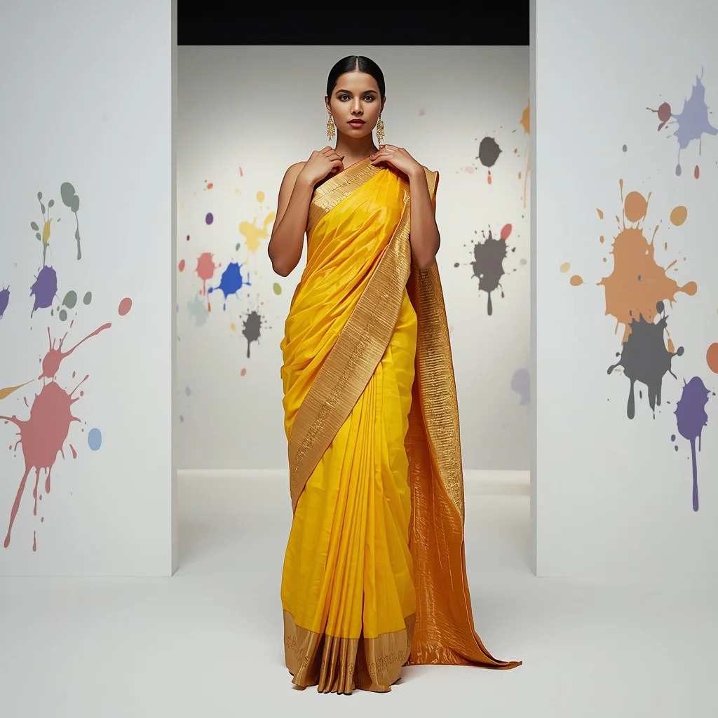 Sunburst Yellow Kanjeevaram Fusion Saree with 3D Origami Net and Heavy Borders | Prompt Seen Girl Photo Editing Trending Instagram