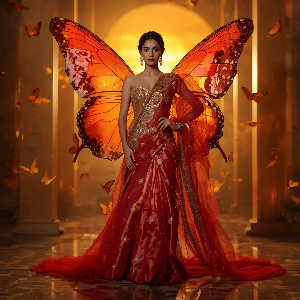 Sunset Butterfly Mirage Saree with Golden Dreamscape Background | Modern Design Ai Prompt