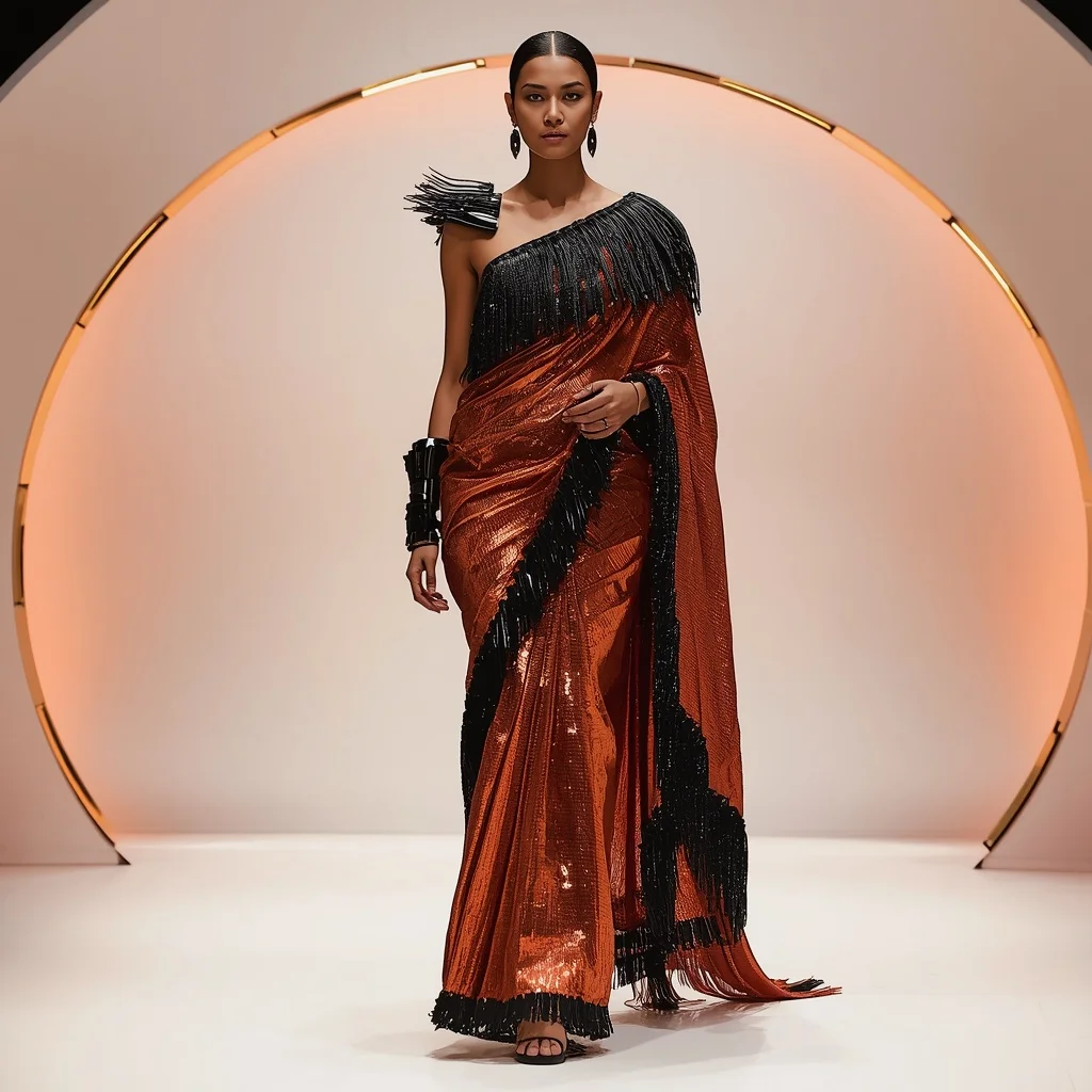 Sunset Copper and Obsidian Fringe Saree in LED Dome | Ai Prompt For Reels
