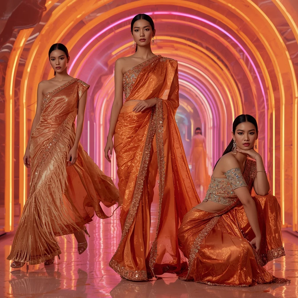 Sunset Crystal Saree with Multi Pose Editorial Sequence and Neon Palace | Indian Bride Saree Ai Prompt
