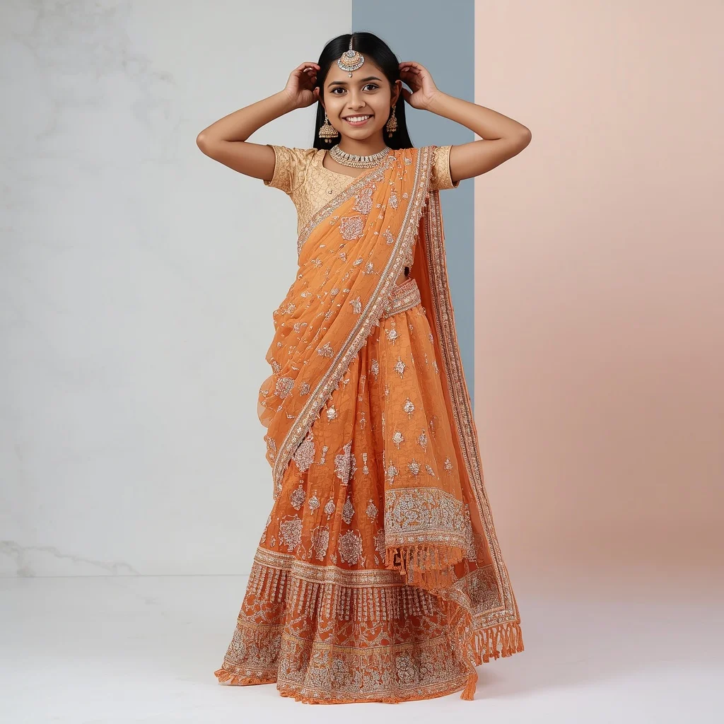 Sunset Orange Heavy Diamond Cascade Festival Saree | Ultra Realistic Ai Prompt