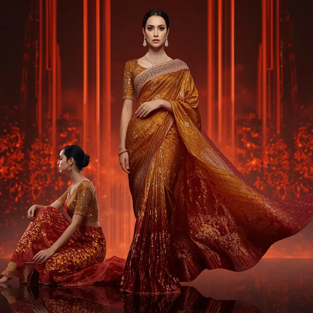 Sunset Royal Inferno Saree with Neon Lava Towers | Prompt Ai