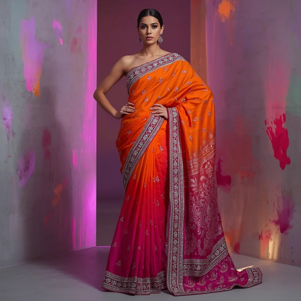 Tangerine and Fuchsia Ombre Saree with Heavy Bullion Embroidery | Festive Prompt