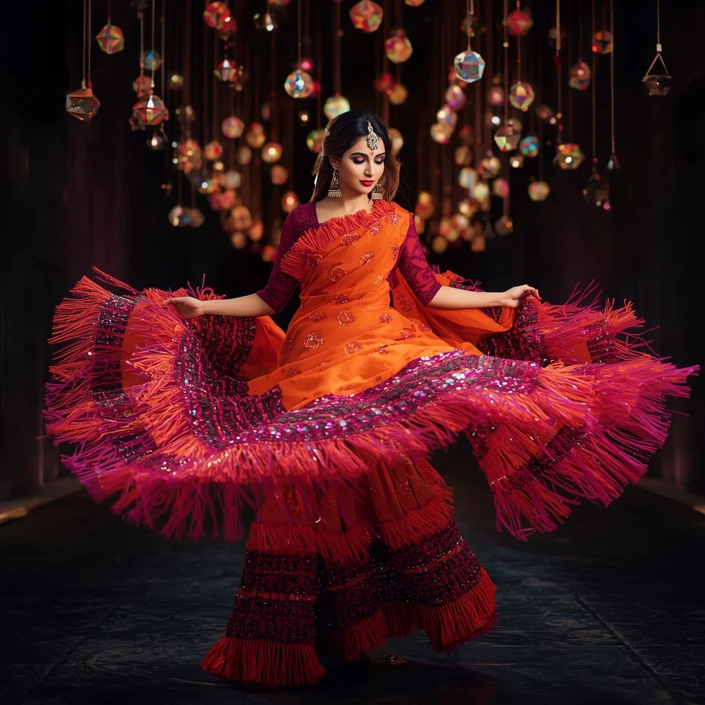 Tangerine Heavy Tasseled Saree for Dynamic Centrifugal Twirls | Beautiful Woman Ai Prompt
