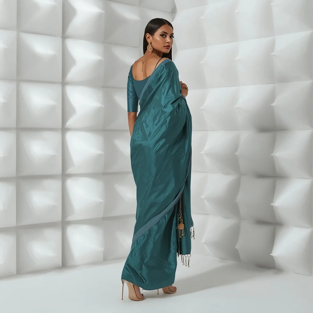 Teal Crushed Silk Saree – Over-Shoulder Stare with White Acoustic Pyramids | Best Prompt For Traditional Look For Girl Chatgpt