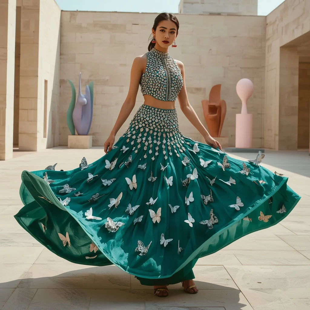 Teal Green 3D Butterfly Encrusted Couture Saree | Prompt Generator