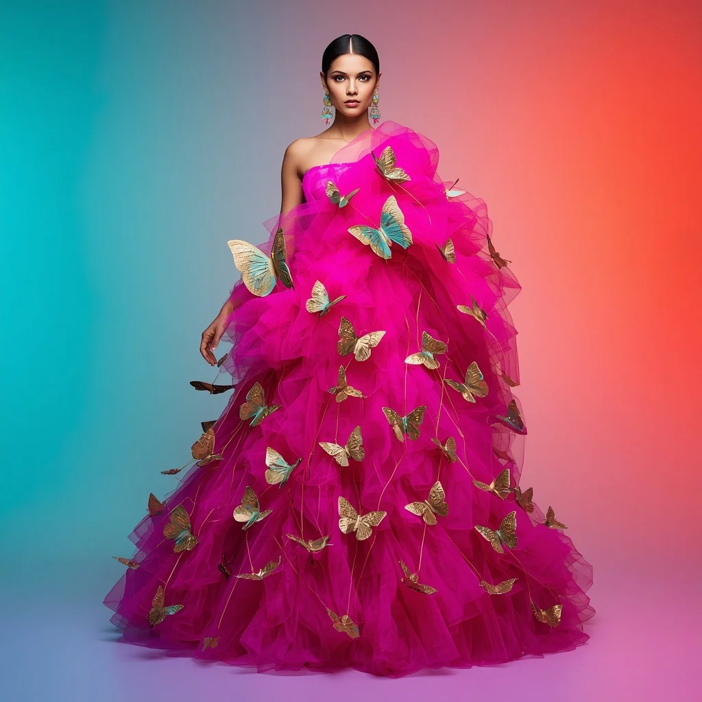 Thick Neon Magenta Tulle Saree with Massive 3D Gilded Aquamarine Butterflies | Gemini Ai Photo Prompt