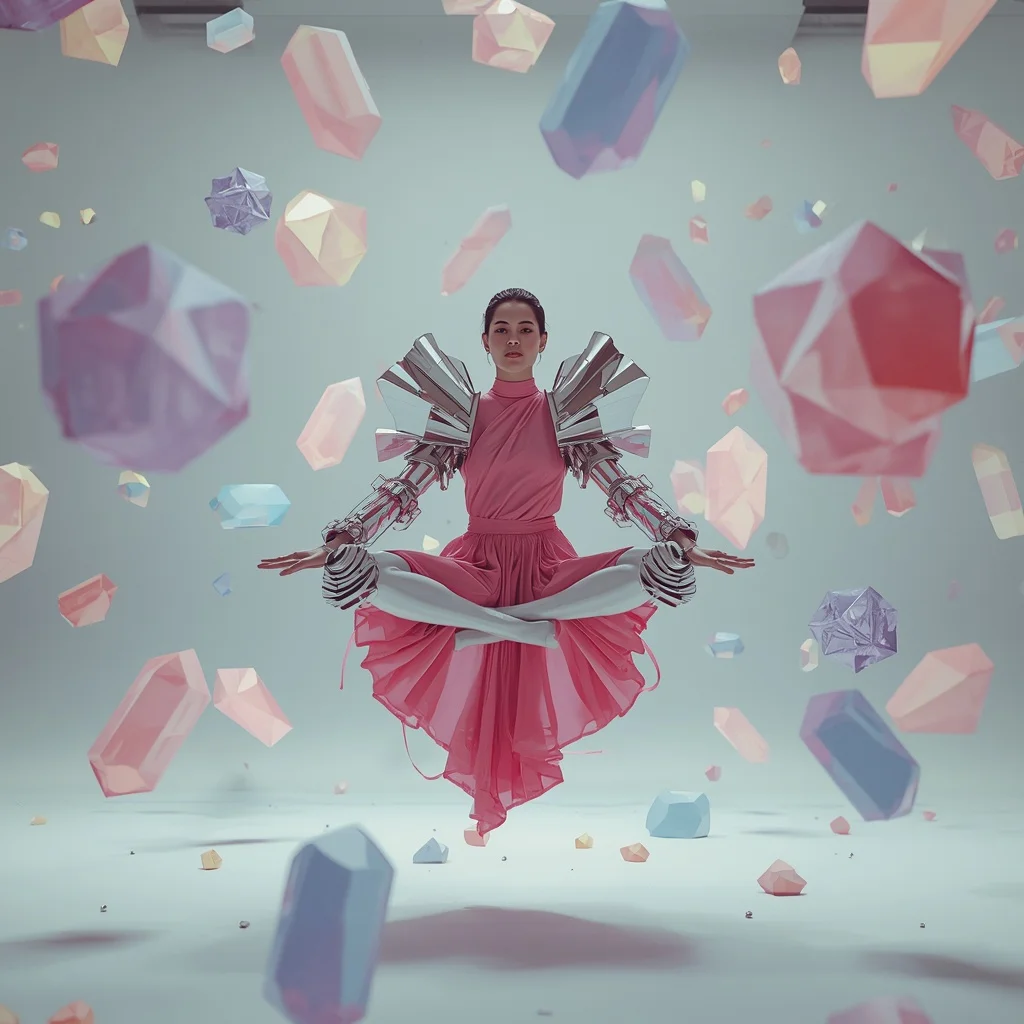 Thick PVC Plating & 3D Sculpted Foam Ruffle Saree | Symmetrical Seated Lotus Levitation Pose | Floating 3D Geometric Crystals | Saree Photoshoot Prompt Ultra Realistic