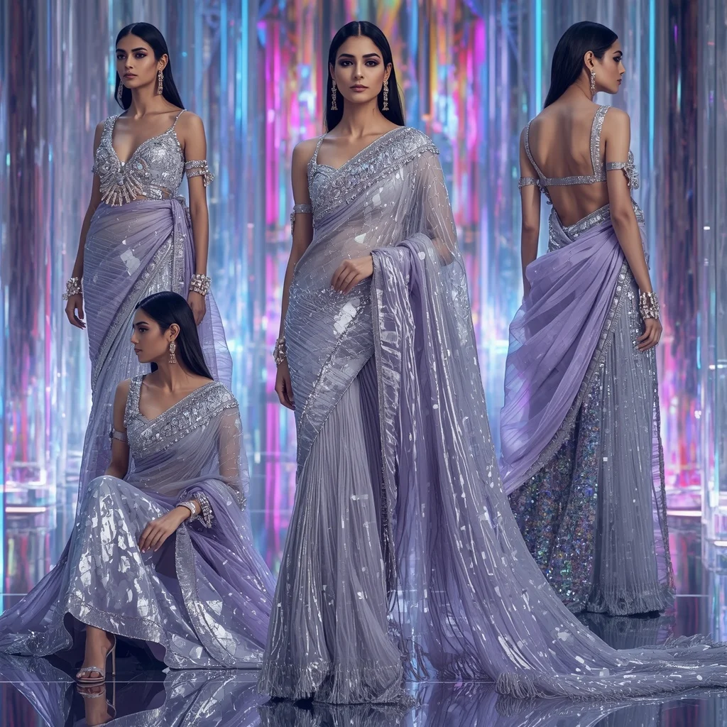 Titanium Aurora Royale Saree with Infinity Neon Crystal Empire | Romantic Ai Prompt