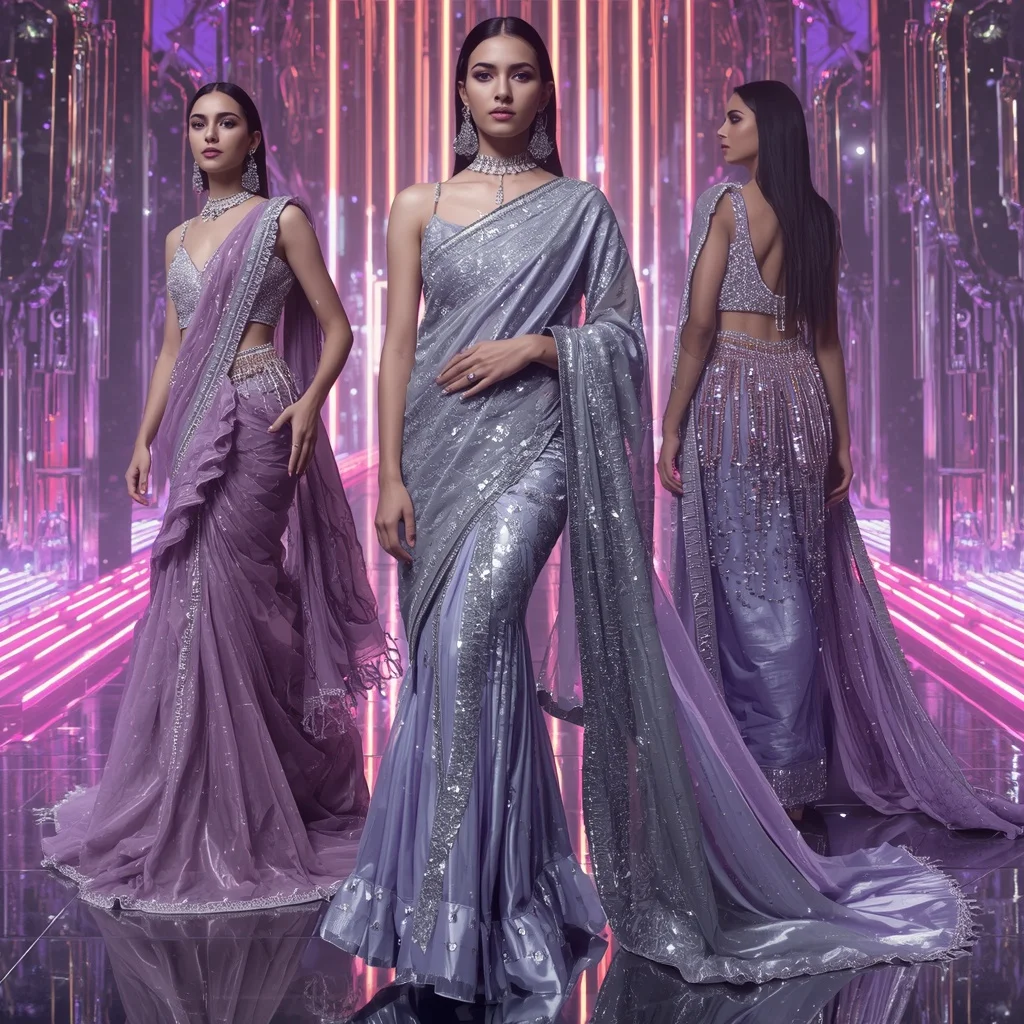 Titanium Aurora Royale Saree with Infinity Neon Crystal Fortress | ChatGPT Ai Prompt