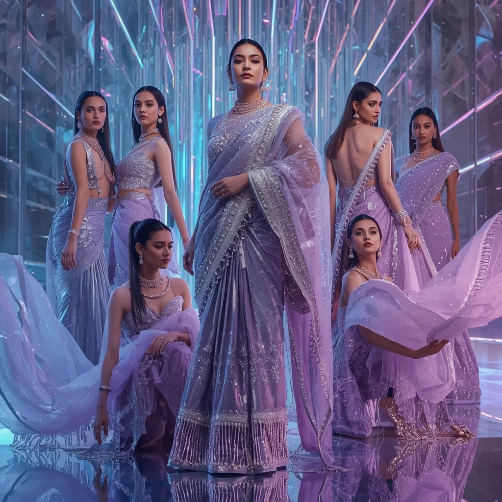 Titanium Aurora Royale Saree with Infinity Neon Orbit Crystal Fortress | Prompt For Gemini AI Girl Trending