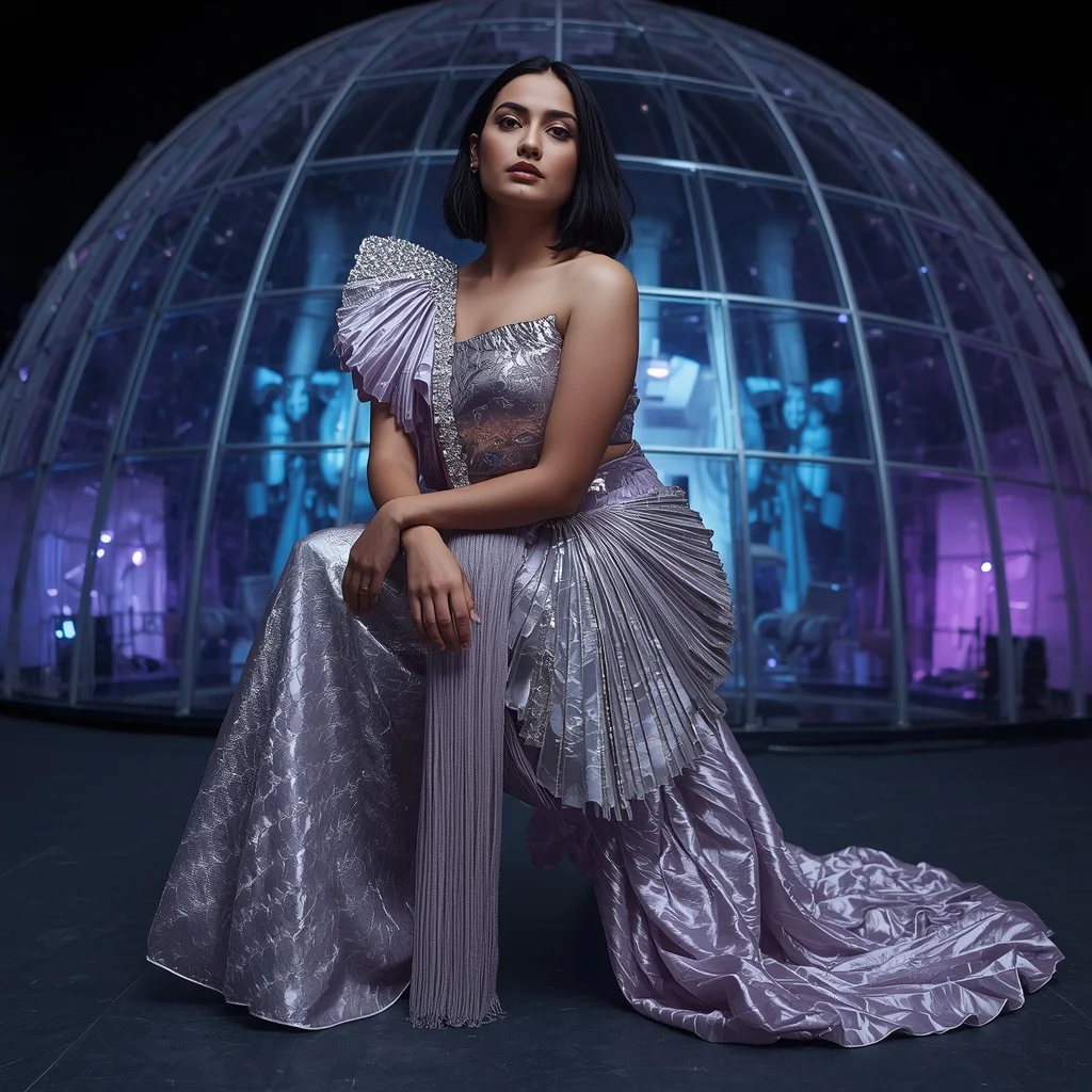 Titanium Aurora Symphony Saree with Curved Glass Neon Reflection Orbit Galaxy Dome | Flux Ai Prompt