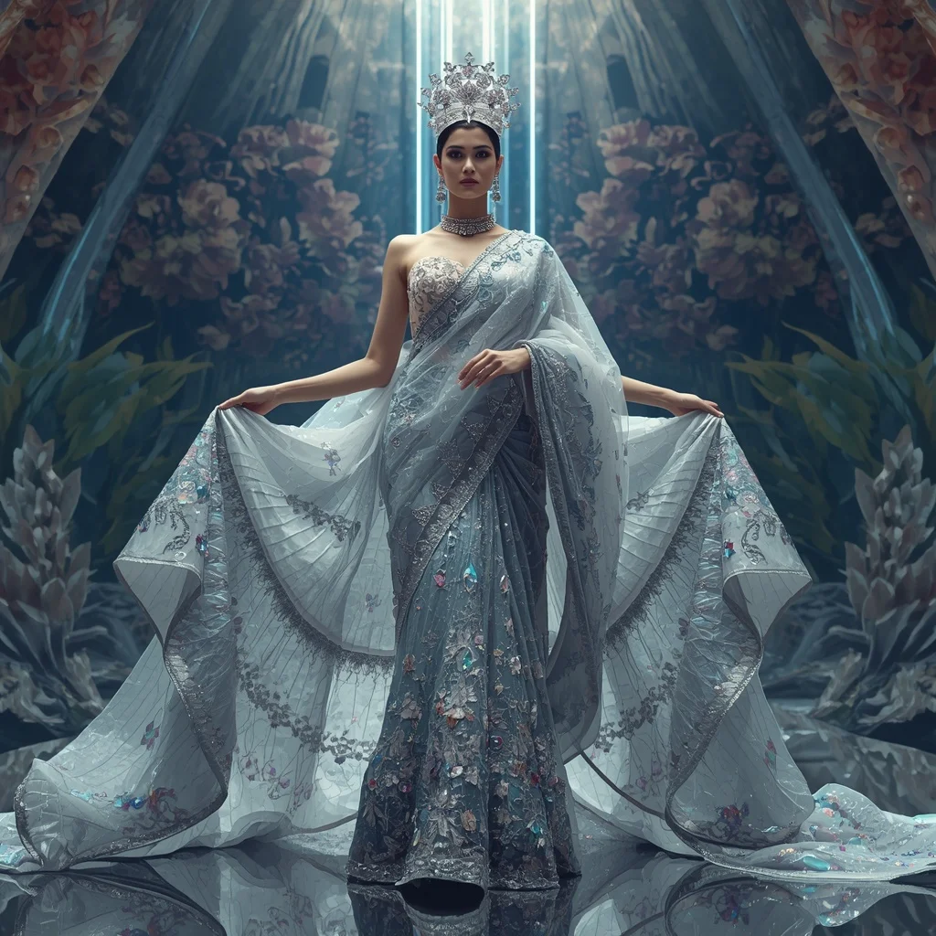 Titanium Celestial Aurora Saree with Infinite Crystal Crown Megacathedral | Prompt Seen Girl
