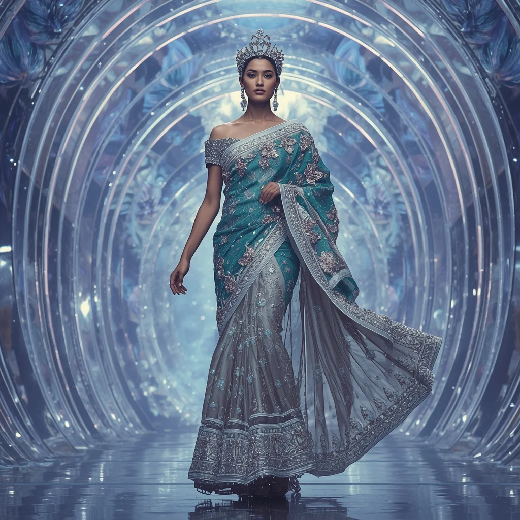 Titanium Celestial Lotus Saree with Infinite Crystal Crown Megacathedral | Gemini Photo Editing Prompt