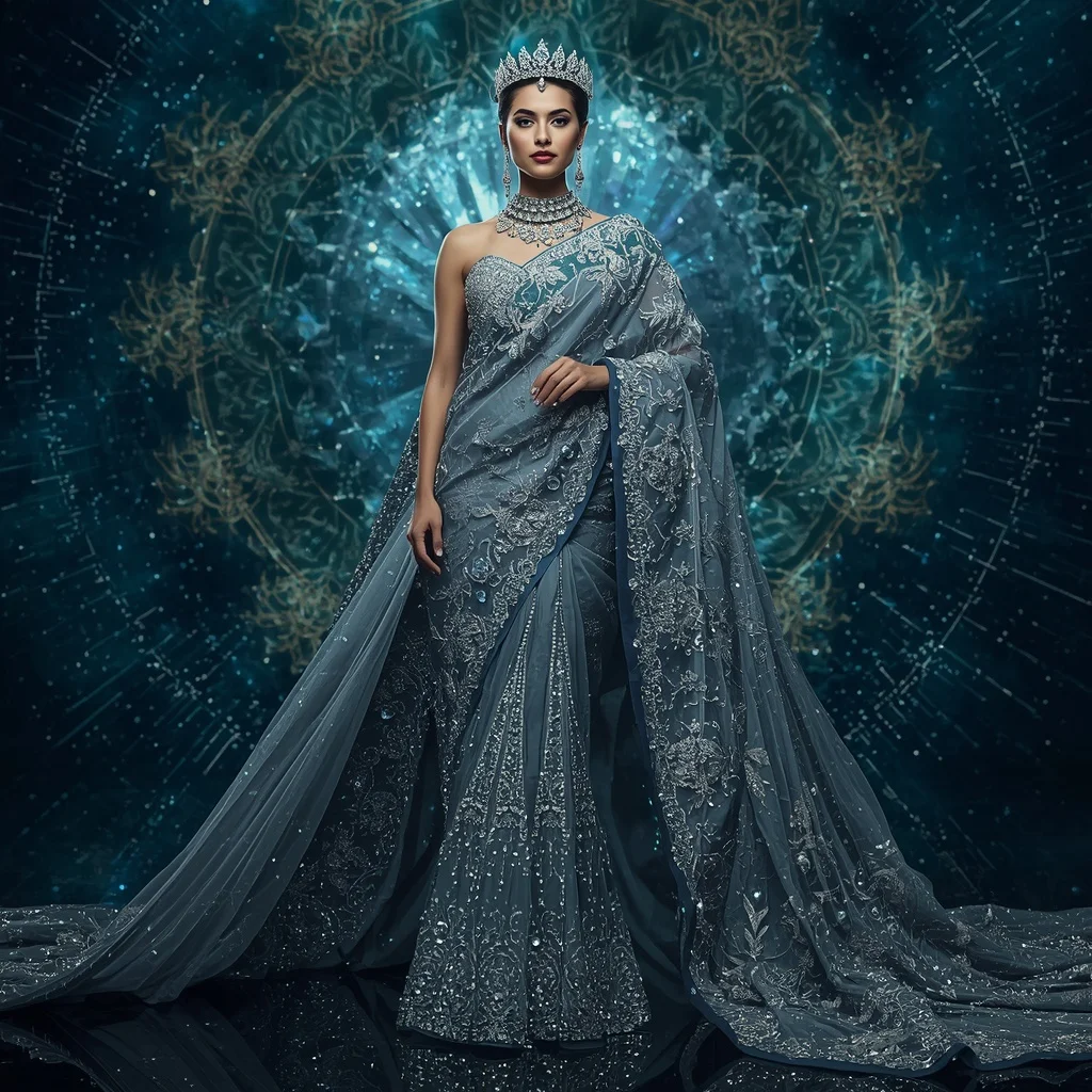 Titanium Celestial Sovereign Saree with Cosmic Crown Realms and Aurora Infinity Multiverse | Ideogram Ai Prompt