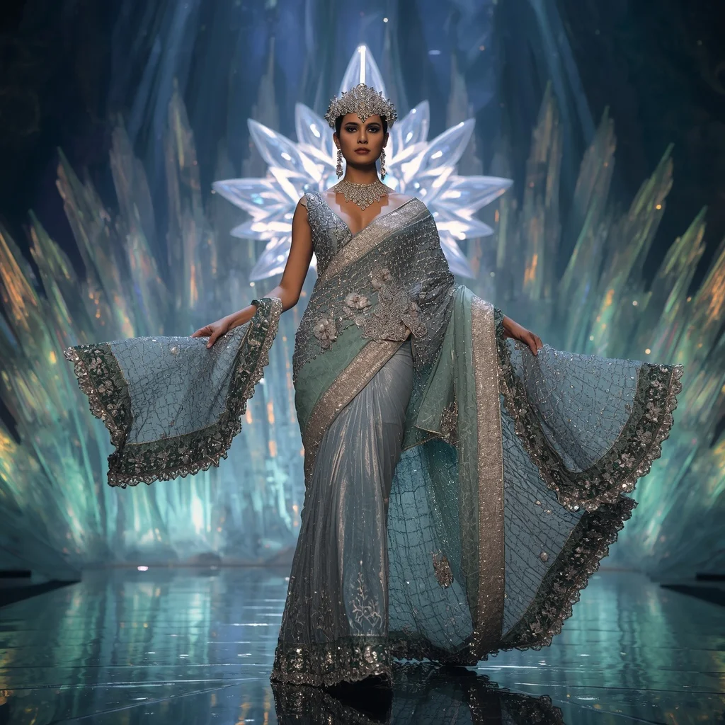 Titanium Lotus Galaxy Saree with Infinite Crystal Crown Megacathedral | Text To Image Prompt