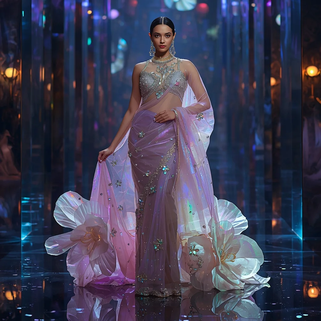 Transparent Aurora Camellia Saree with Cosmic Prism Empire | Leonardo Ai Image Prompt