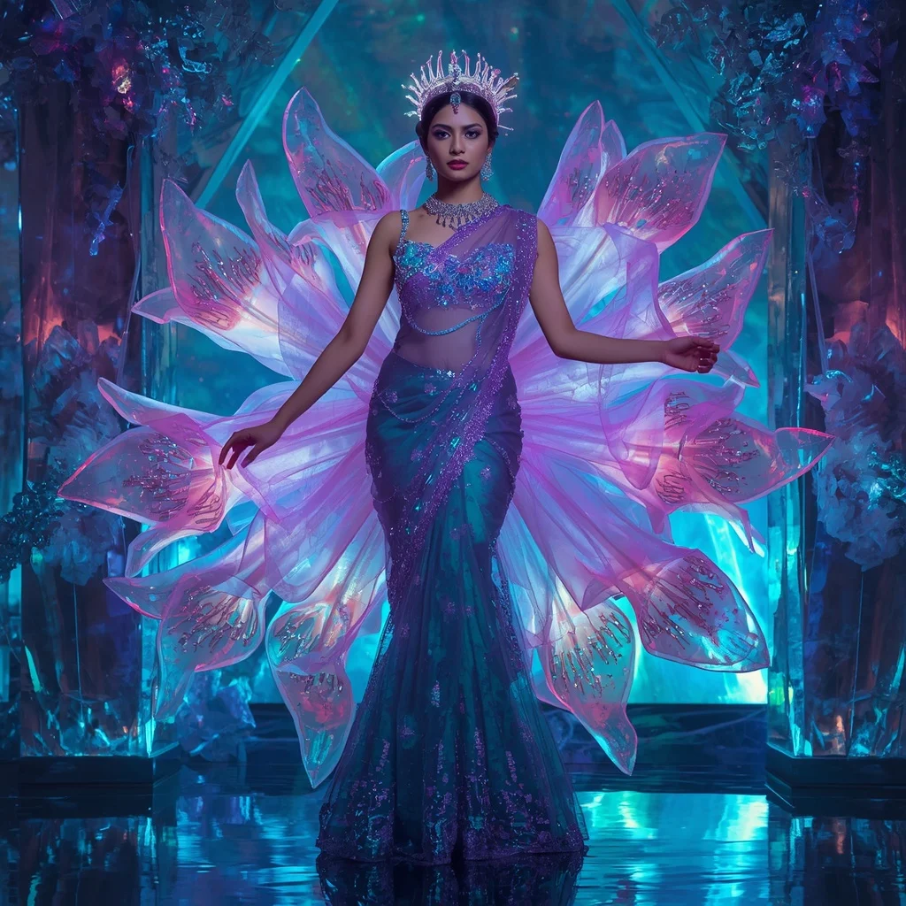 Transparent Aurora Lily Crown Saree with Cosmic Crystal Fortress | 3d Animation Ai Prompt