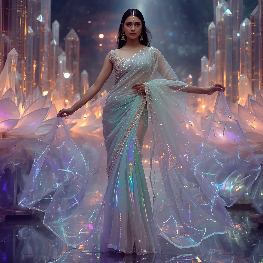 Transparent Aurora Lotus Cathedral Saree with Cosmic Crystal Empire | Wedding Ai Prompt