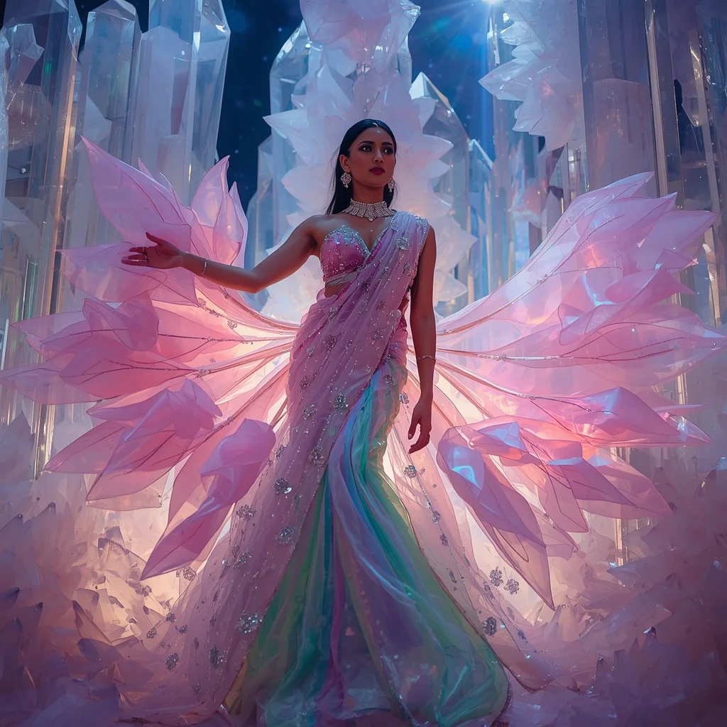 Transparent Aurora Sakura Cathedral Saree with Cosmic Crystal Kingdom | Banana Prompts Girls