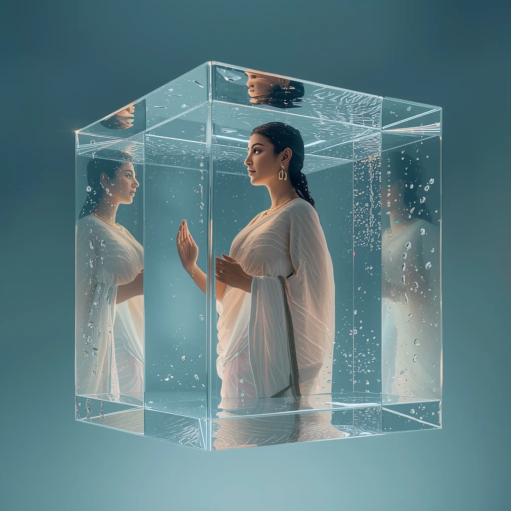 Transparent Water Cube Saree Prompt with Floating Liquid Box and Cinematic Reflection Depth | Prompt For Ai Image Generator For Professional Photo