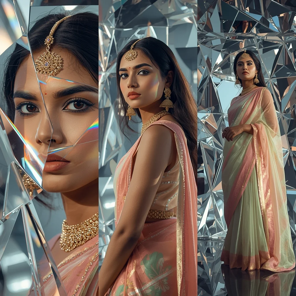 Triptych Grid Shattered Crystal Prism Kaleidoscope Saree Modern Collage | Instagram Profile Pic Ai Prompt