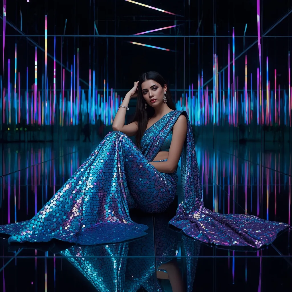 Turquoise Scale-Sequin Premium Saree on Infinity Mirror Floor | Ai Prompt For Reels
