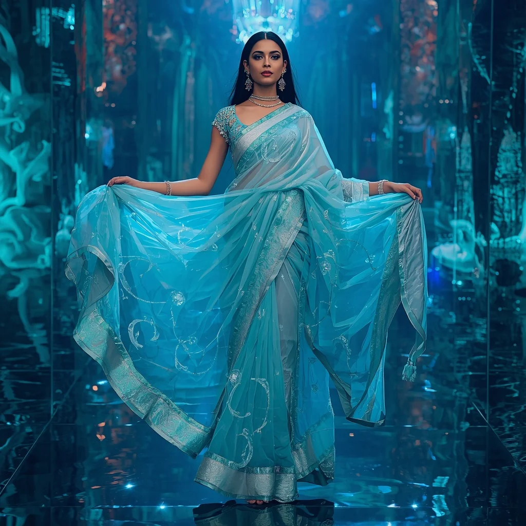 Ultra Luxury Aqua Aurora Crystal Saree with Floating Circular Editorial Walk and Water Reflection Palace Background | Gemini Photo Editing Prompt