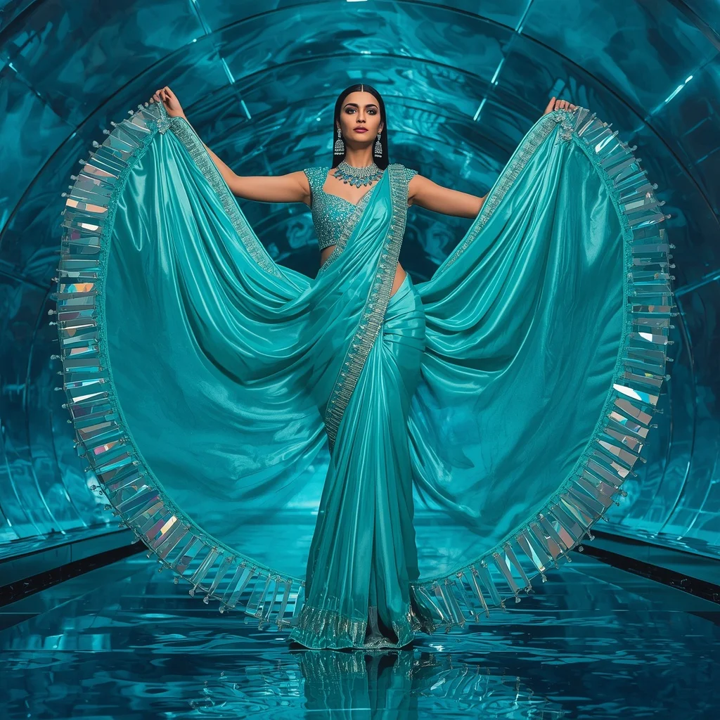 Ultra Luxury Aqua Aurora Saree with Floating Circular Editorial Air Curl and Water Reflection Dome Background | Female Model Ai Prompt
