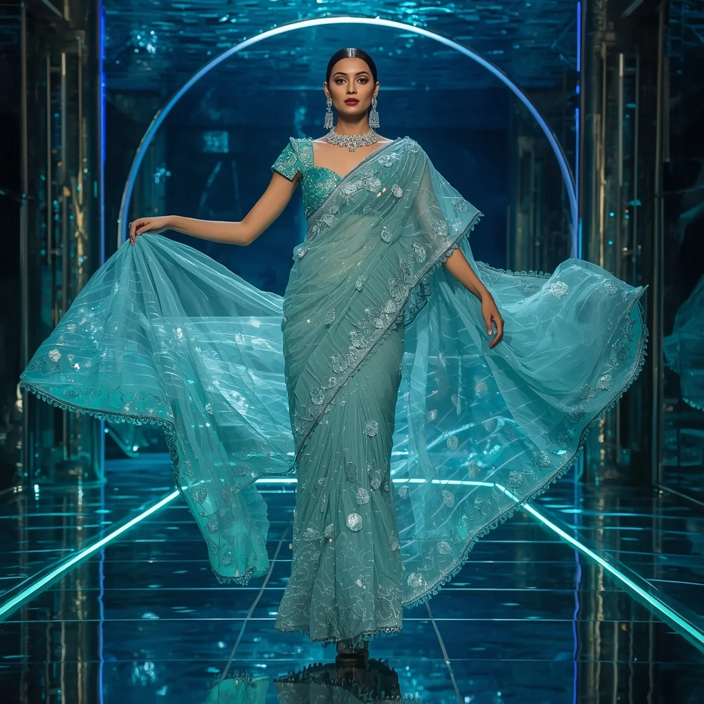 Ultra Luxury Aqua Moonwave Saree with Floating Circular Editorial Walk and Water Reflection Palace Background | Gemini Ai Prompt Copy Paste