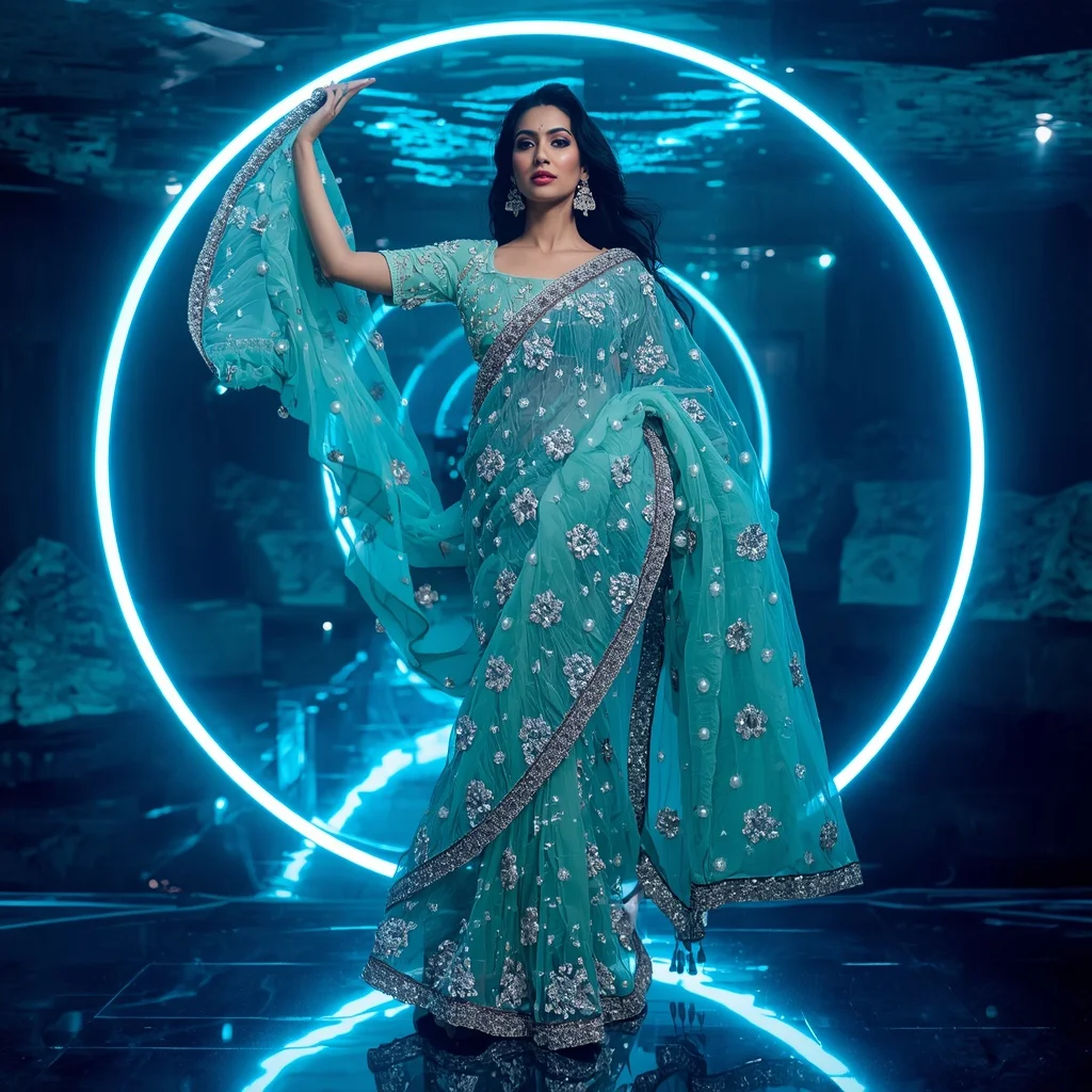 Ultra Luxury Aqua Pearl Crystal Saree with Floating Circular Editorial Curl and Water Reflection Ring Background | Desi Girl Ai Prompt