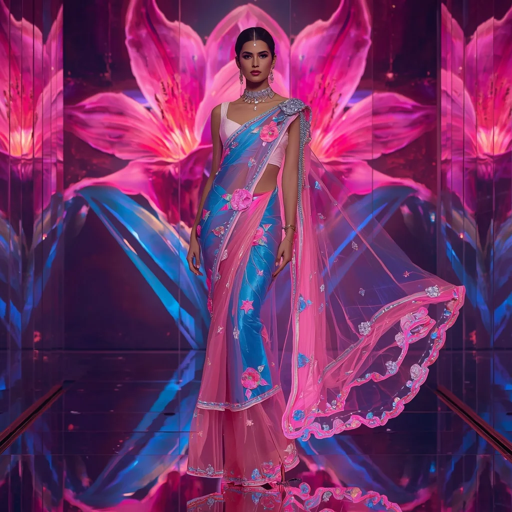 Ultra Luxury Cosmic Lily Saree with Floating Editorial Diamond Spiral and Giant Neon Lily Reflection Palace Background | Prompt Seen Trending Girl Instagram