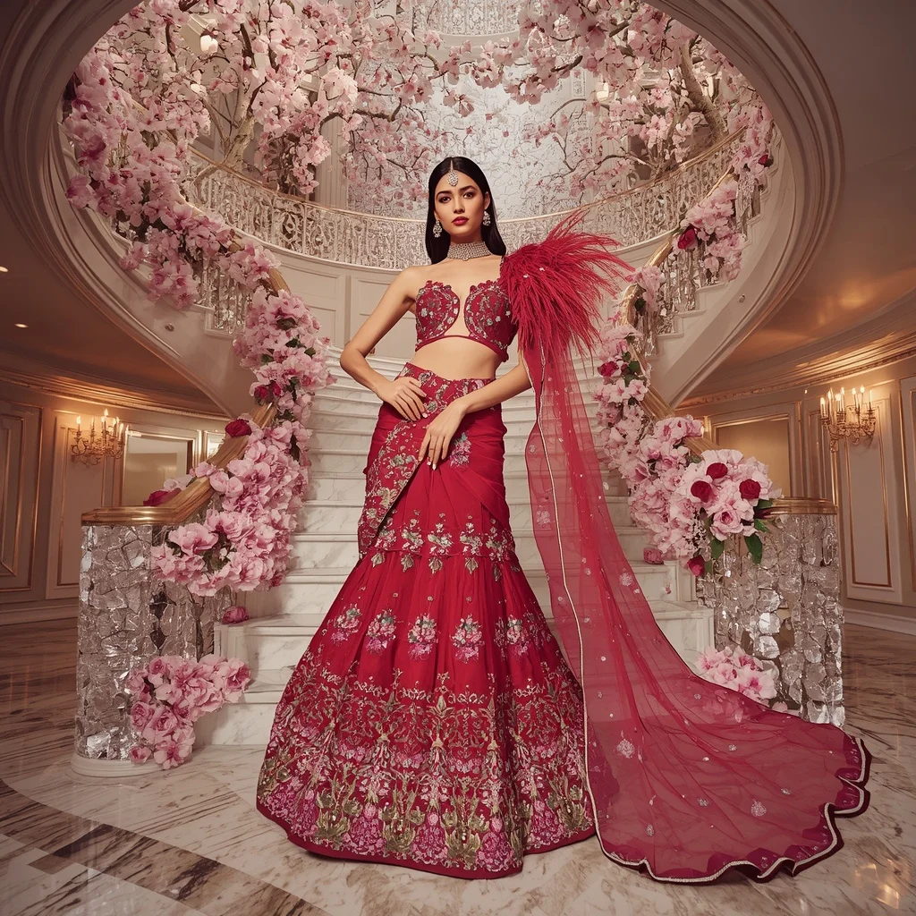 Ultra Luxury Crystal Cherry Peacock Saree Couture with Floating Floral Diamond Palace Background | Aesthetic Ai Prompt