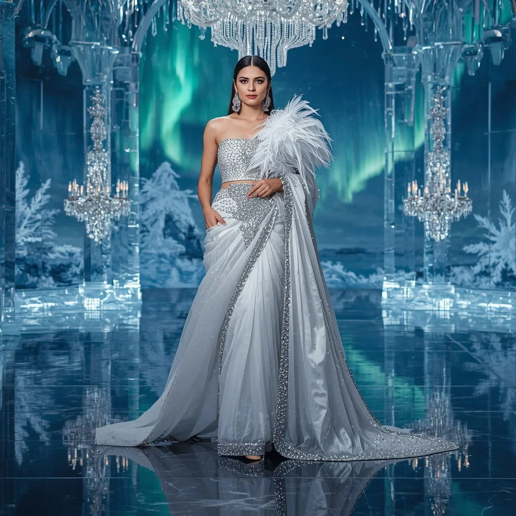 Ultra Luxury Crystal Polar Swan Saree Couture with Frozen Aurora Palace Background | Prompt For Gemini
