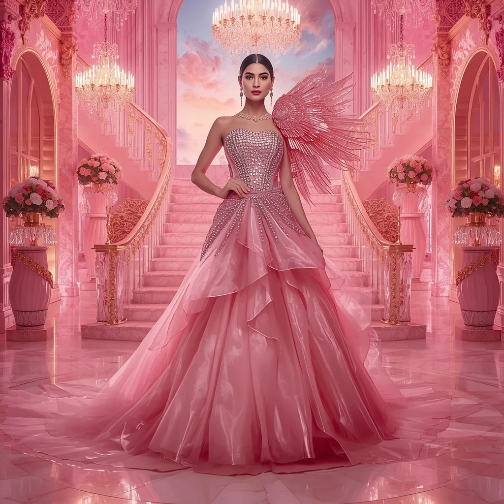 Ultra Luxury Crystal Royal Flamingo Saree Couture with Pink Diamond Sky Palace Background | Prompt For Traditional Look For Girl