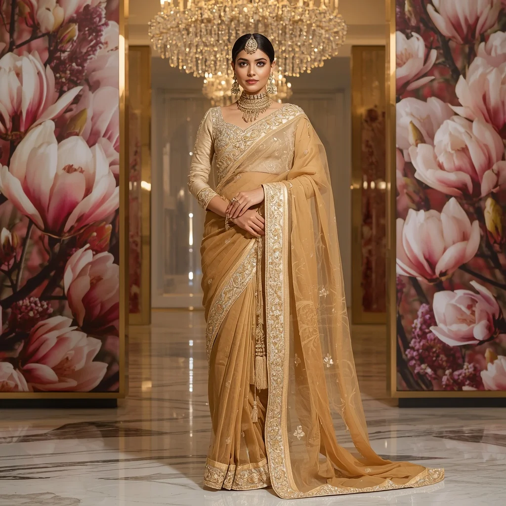 Ultra Luxury Golden Magnolia Crown Saree with Floral Crystal Citadel Background | Ai Image Generator Prompt