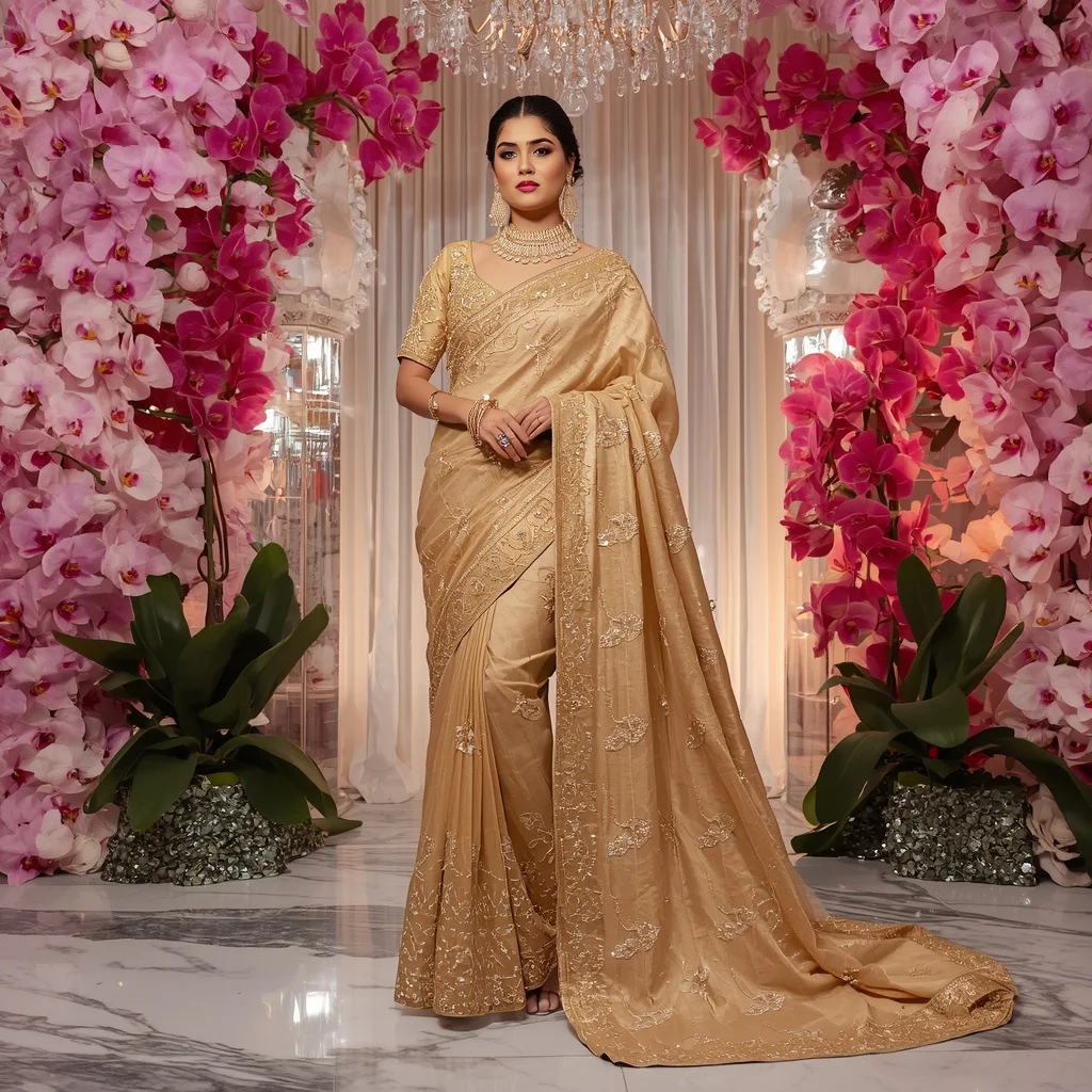 Ultra Luxury Golden Orchid Queen Saree with Floral Crystal Empire Background | Prompt Ai For Girl Instagram