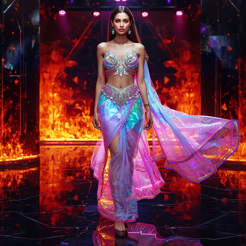 Ultra Luxury Neon Crystal Saree with Sharp Editorial Air Walk and Fire Reflection Dome Background | Image Prompt