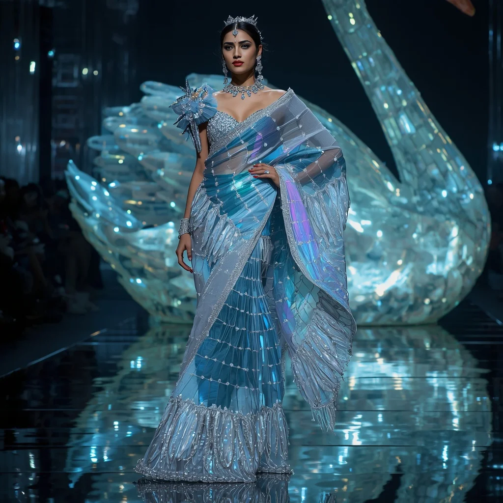 Ultra Luxury Neon Swan Crystal Saree with Floating Editorial Spiral Walk and Giant Glass Swan Reflection Palace Background | Festival Prompt