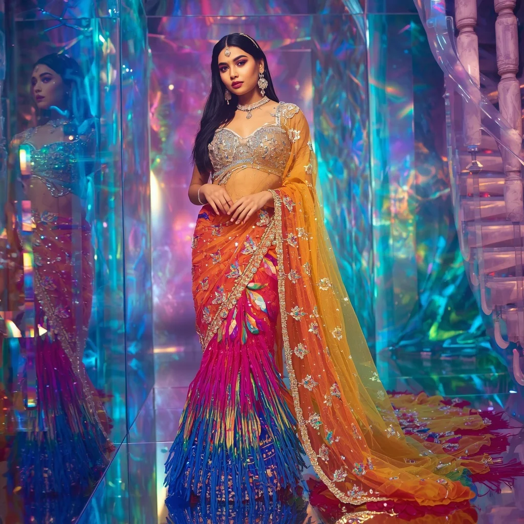 Ultra Luxury Rainbow Crystal Firebird Saree with Prism Fantasy Kingdom Background | Selfie Prompt
