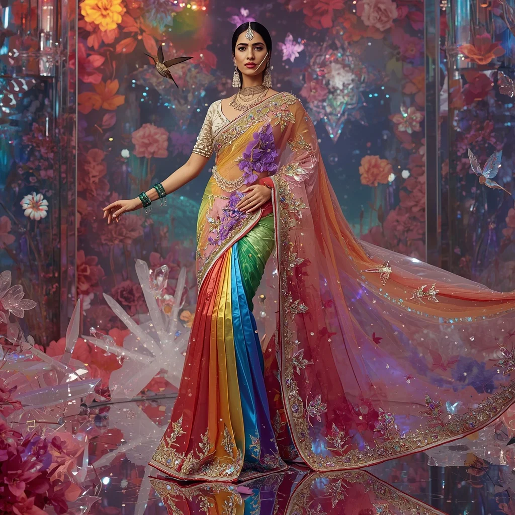 Ultra Luxury Rainbow Crystal Hummingbird Saree with Prism Floral Kingdom Background | Ai Image Generator Prompt