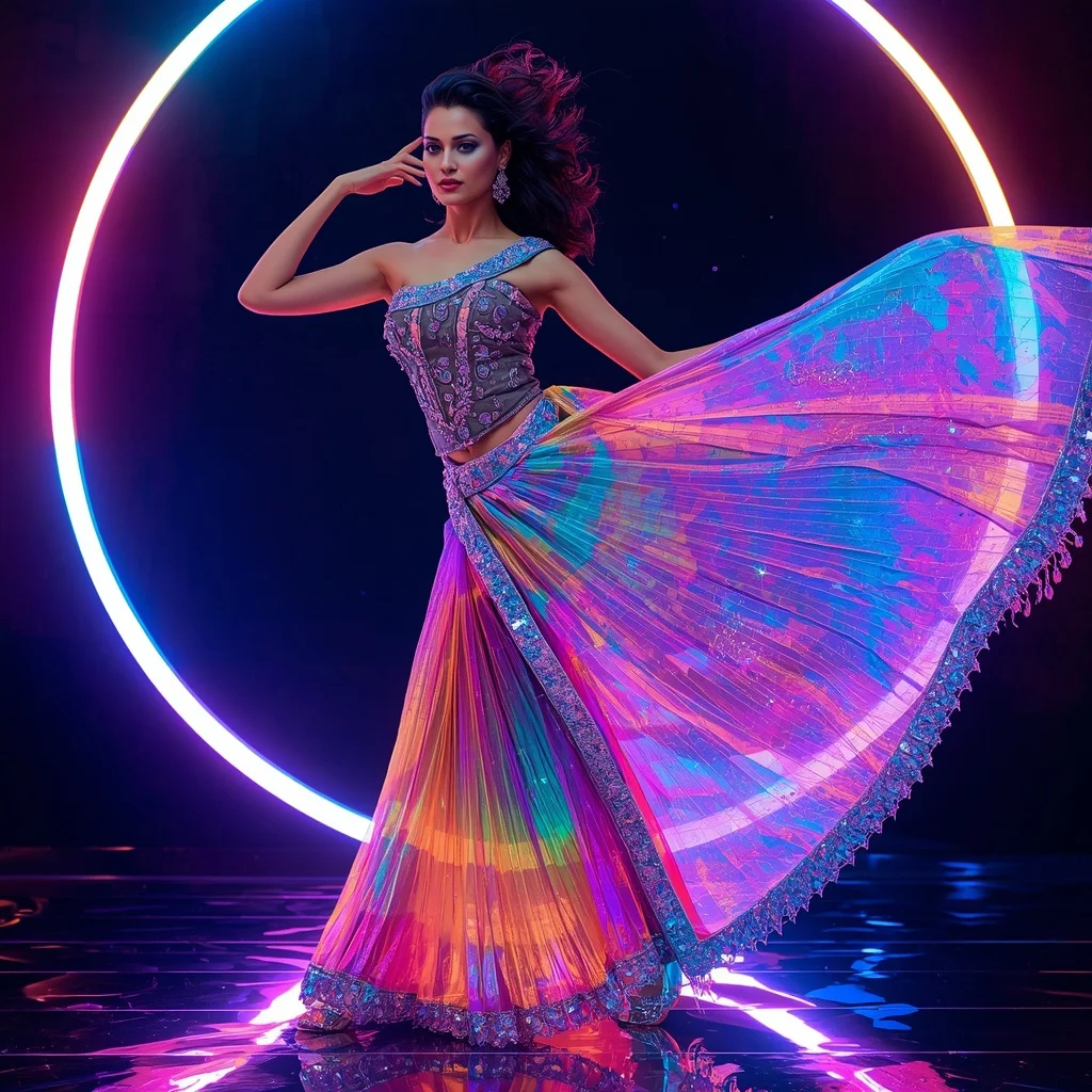 Ultra Luxury Rainbow Crystal Saree with Dynamic Editorial Air Curl and Neon Reflection Ring Background | Gemini Ai Prompt