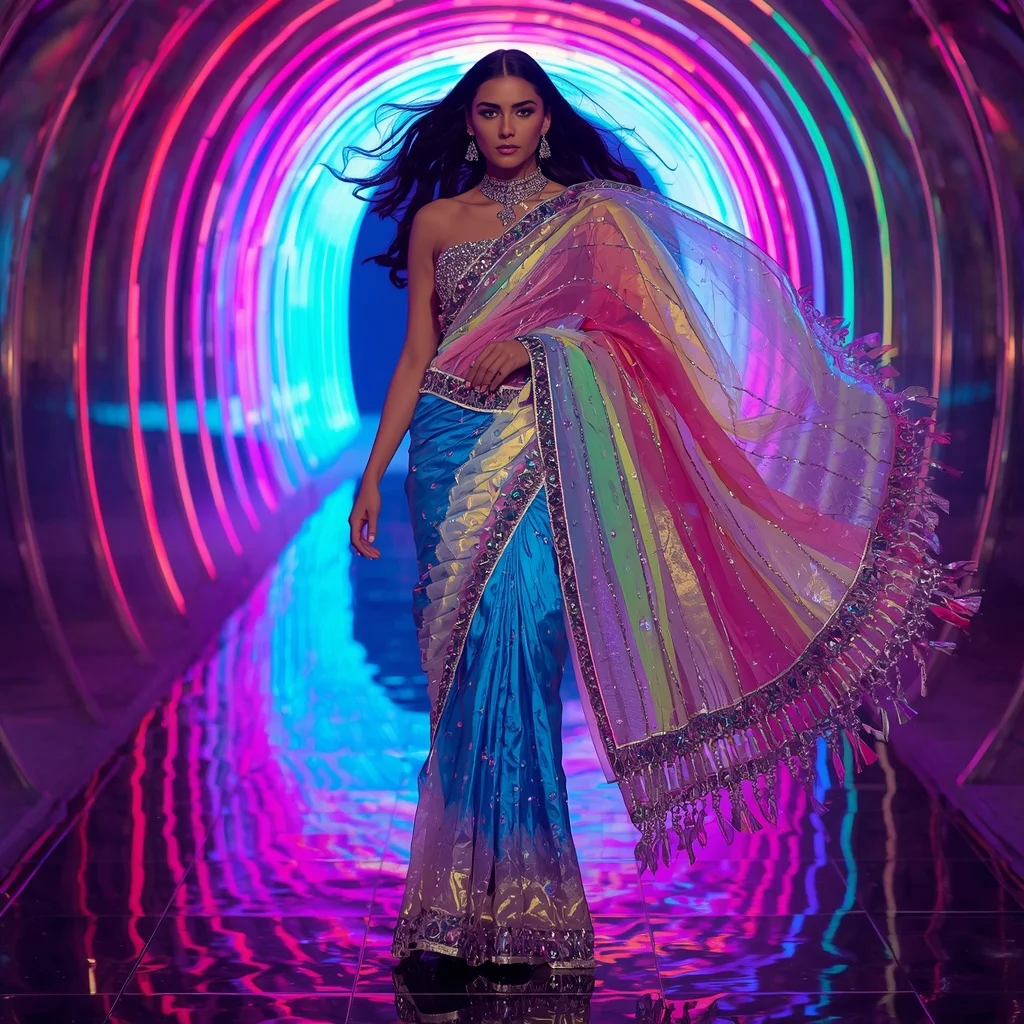 Ultra Luxury Rainbow Crystal Saree with Dynamic Editorial Twist Walk and Neon Reflection Tunnel Background | Gemini Ai Prompt