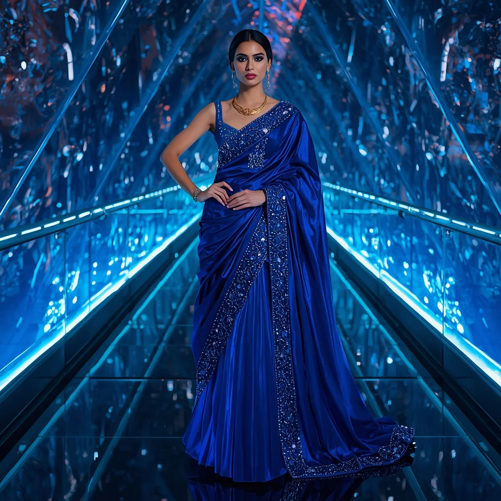 Ultra Modern Sapphire Aurora Crown Saree with Infinity Crystal Bridge Background | Selfie Prompt