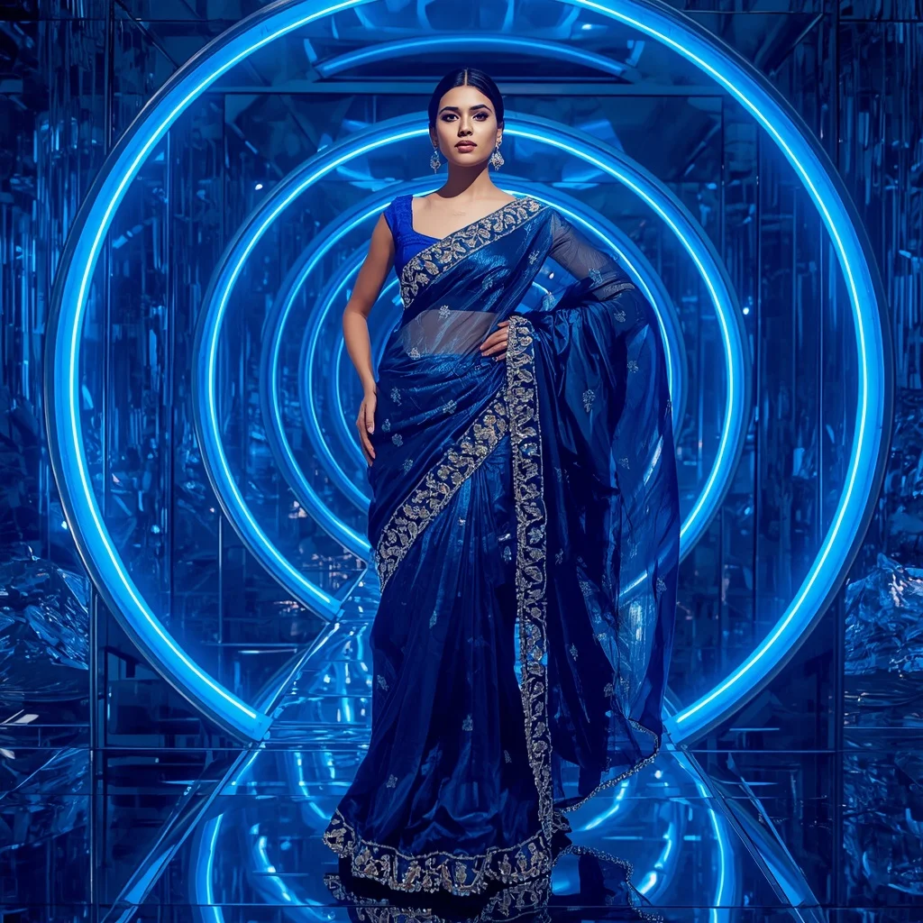 Ultra Modern Sapphire Aurora Prism Saree with Futuristic Crystal Portal Background | Instagram Model Ai Prompt
