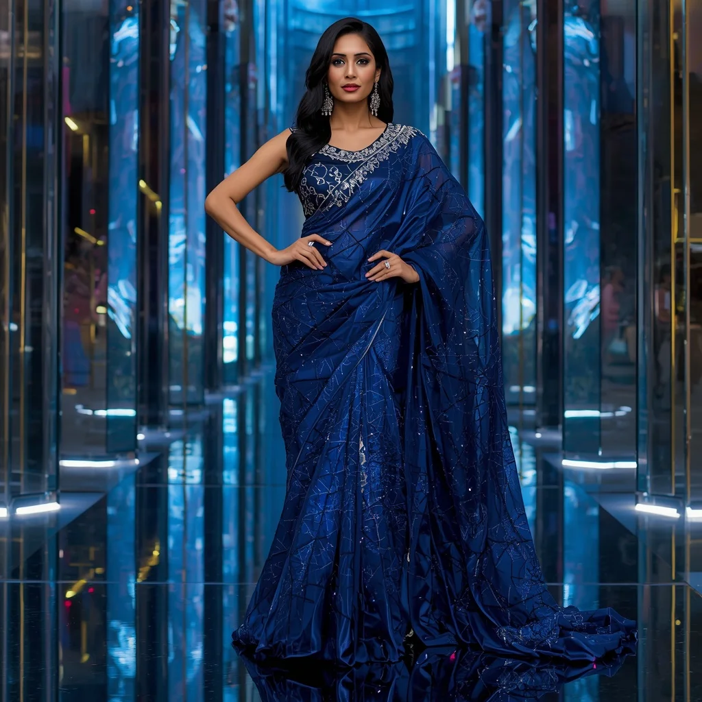 Ultra Modern Sapphire Cyber Queen Saree with Futuristic Glass Metropolis Background | Prompt Seen Trending Girl AI Photo