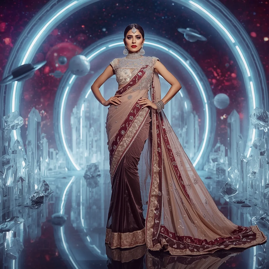 Ultra Premium Festival Diamond Maharani Couture Saree with Futuristic Crystal Crown Universe Background | Prompt Engineering