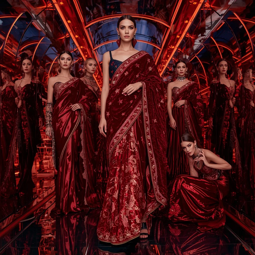 Velvet Crimson Galaxy Saree with Neon Reflection Infinity Sanctuary | Ai Prompt For Instagram